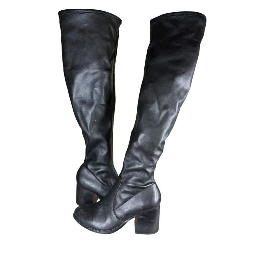 Steve Madden Black Faux Leather Over The Knee Stretch Sock Boots Size 10